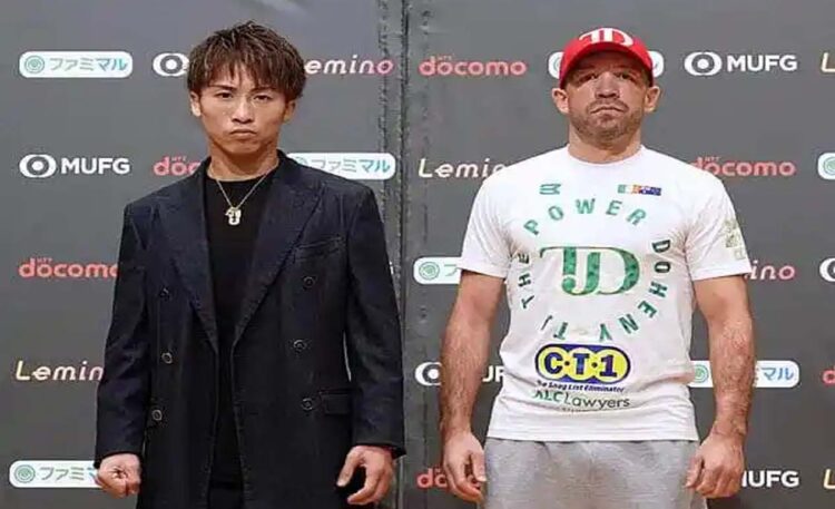 Juara dunia yang hebat Naoya “Monster” Inoue dan penantang TJ Doheny. (Naoki Fukuda / Fightnews)