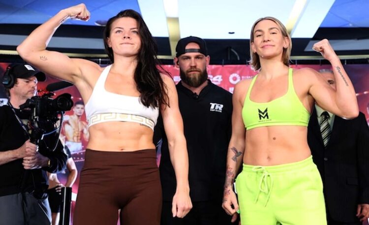 Sandy Ryan (Inggris, 7-1-1, 3 KO) melawan Mikaela Mayer (Amerika Serikat, 19-2, 5 KO). (Foto: Mikey Williams / Top Rank / Fightnews)