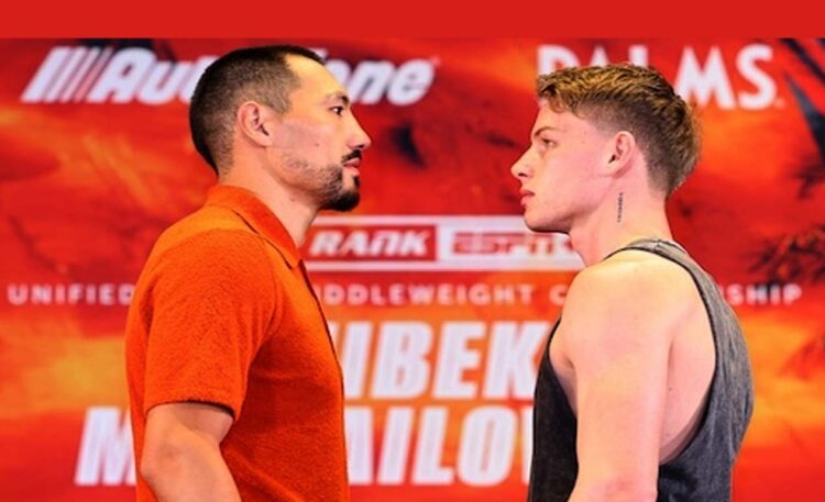 Sang juara Zhanibek Alimkhanul ditantang Andrei Mikhailovich untuk 12 ronde kali 3 menit. Bisa terjadi KO. (Foto: Boxing Scene).