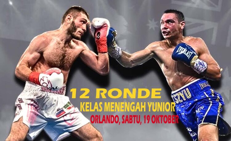 Laga kelas menengah yunior 12 ronde antara juara Bakhram Murtazaliev melawan penantang Tim Tszyu, di Orlando, Florida, Sabtu, 19 Okrtober 2024. (You Tube)