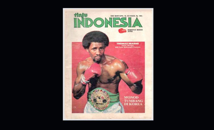 Majalah Tinju Indonesia dan gambar Thomas Hearns, eidis Maret 1984, dengan harga jual Rp1.000.