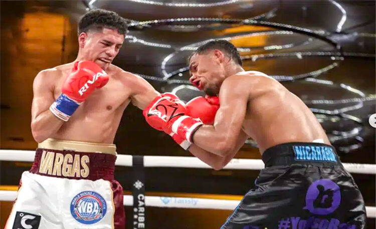 Antonio Vargas melepaskan hook kiri dan menghentikan Winston “El Fantasma” Guerrero pada ronde sepuluh. (Foto: Ed Mulholland, MVP)